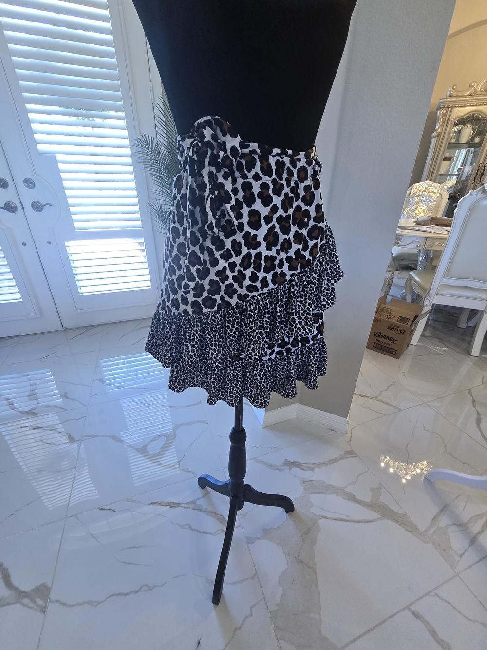 Michael Kors Black & White Leopard-Print Tiered Mini Skirt